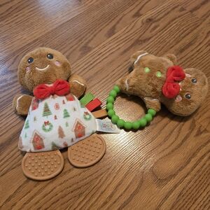 Spark Create Imagine Brown Gingerbread Plush Teether Rattle Red Bow Christmas